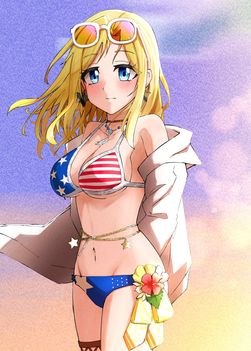 1girl, american_flag, american_flag_bikini, american_flag_print, bikini, blonde_hair, blue_eyes, blush