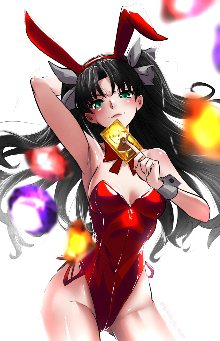 1girl, absurdres, animal_ears, archer_class_(fate), arm_up, armpits, bare_shoulders, black_hair