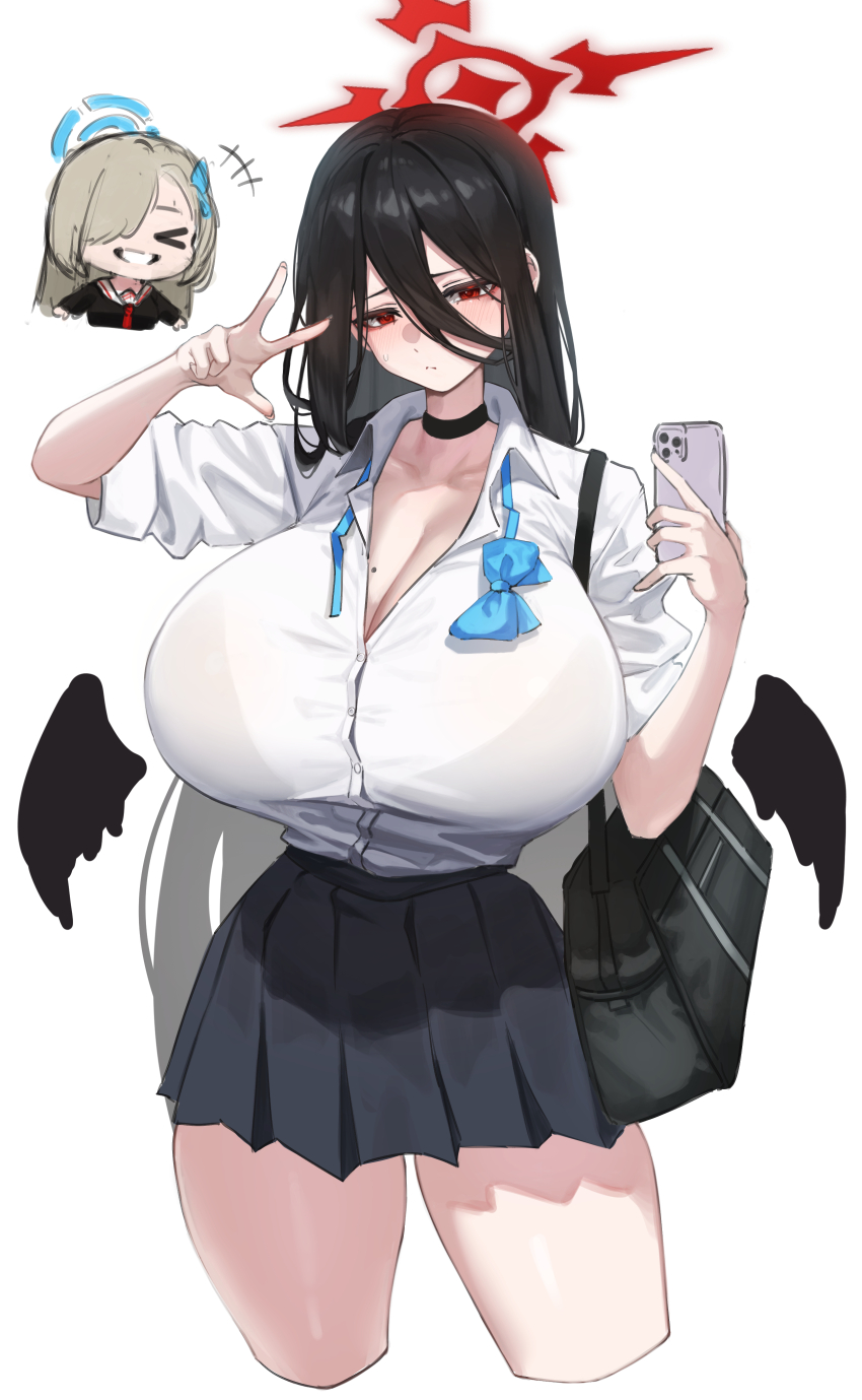 >_<, 2girls, absurdres, aqua_bow, aqua_bowtie, asuna_(blue_archive), asuna_(blue_archive)_(cosplay), bag, black_hair, black_skirt, black_wings, blonde_hair, blue_archive, blush, bow, bowtie, bra_visible_through_clothes, breasts, cellphone, chibi, chibi_inset, cleavage, collarbone, cosplay, costume_switch, cropped_legs, embarrassed, fingernails, frown, gyaru, hair_between_eyes, halo, hasumi_(blue_archive), hasumi_(blue_archive)_(cosplay), highres, holding, holding_phone, huge_breasts, iphone, kogal, large_breasts, light_brown_hair, long_hair, long_hair_between_eyes, looking_at_viewer, miniskirt, mole, mole_on_breast, mole_under_eye, multiple_girls, narrow_waist, open_collar, phone, pleated_skirt, red_eyes, school_bag, school_uniform, shirt, shirt_tucked_in, simple_background, simsim_han-u, skirt, smartphone, smile, straight_hair, sweatdrop, undone_bowtie, very_long_hair, w, white_background, white_shirt, wings