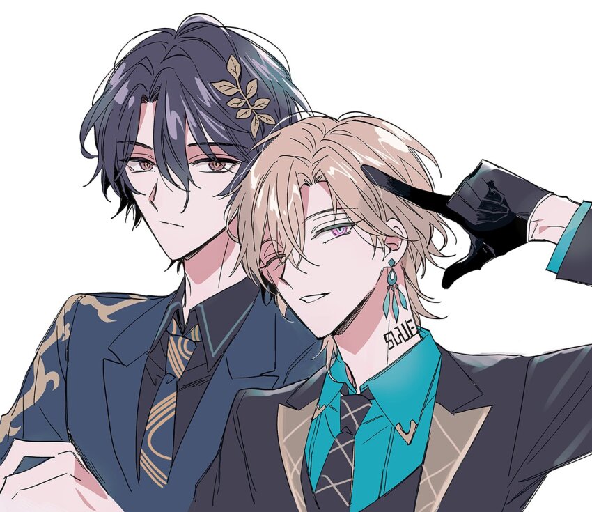 2boys, amethgyst, aqua_shirt, aventurine_(final_victor)_(honkai:_star_rail), aventurine_(honkai:_star_rail), black_gloves, black_hair, black_jacket, black_necktie, black_shirt, blonde_hair, blue_jacket, blue_necktie, closed_mouth, collared_shirt, dr._ratio_(final_victor)_(honkai:_star_rail), dr._ratio_(honkai:_star_rail), earrings, finger_to_head, formal_clothes, gloves, grin, hair_between_eyes, hair_ornament, honkai:_star_rail, honkai_(series), jacket, jewelry, long_sleeves, looking_at_viewer, male_focus, multiple_boys, neck_tattoo, necktie, one_eye_closed, purple_eyes, shirt, short_hair, simple_background, smile, suit, tattoo, upper_body, white_background