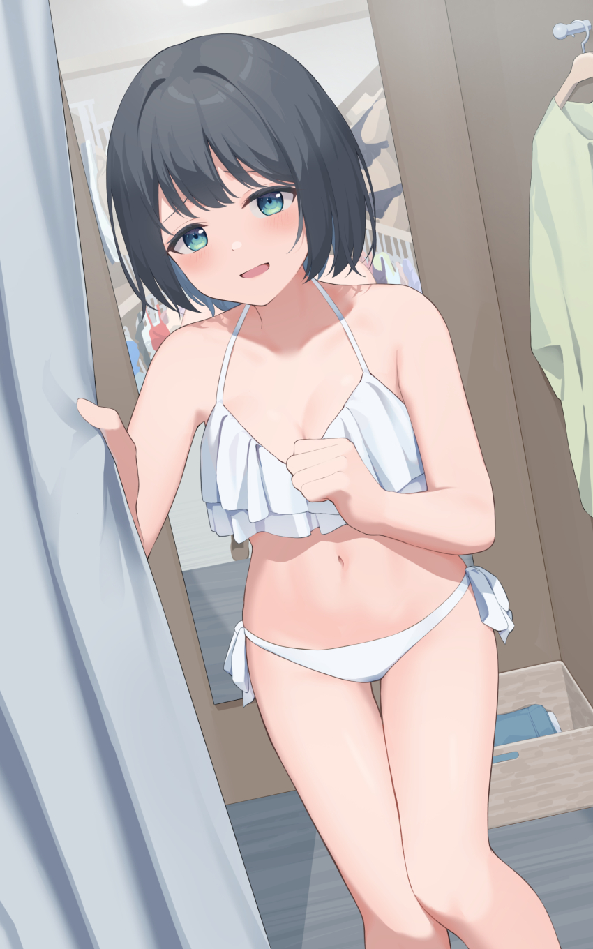 1girl, absurdres, bikini, black_hair, blue_eyes, commentary_request, dutch_angle, fitting_room, frilled_bikini, frills, highres, hotarihotaru, mirror, navel, original, short_hair, side-tie_bikini_bottom, solo, swimsuit, thigh_gap, unworn_clothes, white_bikini