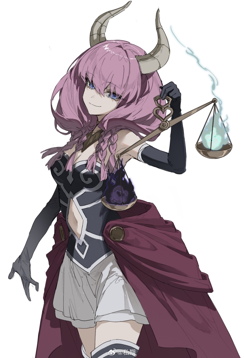 1girl, artist_name, aura_(sousou_no_frieren), balance_scale, black_gloves, black_thighhighs, blue_eyes, bodice