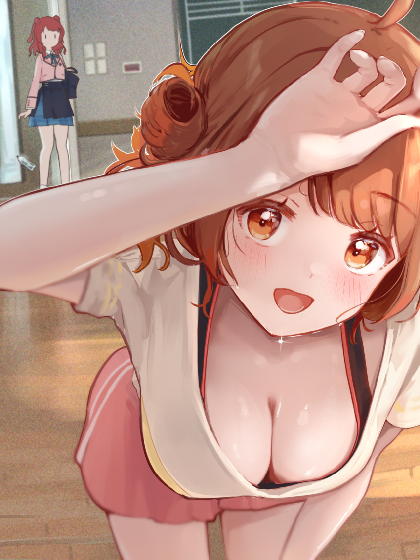 2girls, ahoge, blush, breasts, brown_hair, cleavage, commentary_request, gakuen_idolmaster