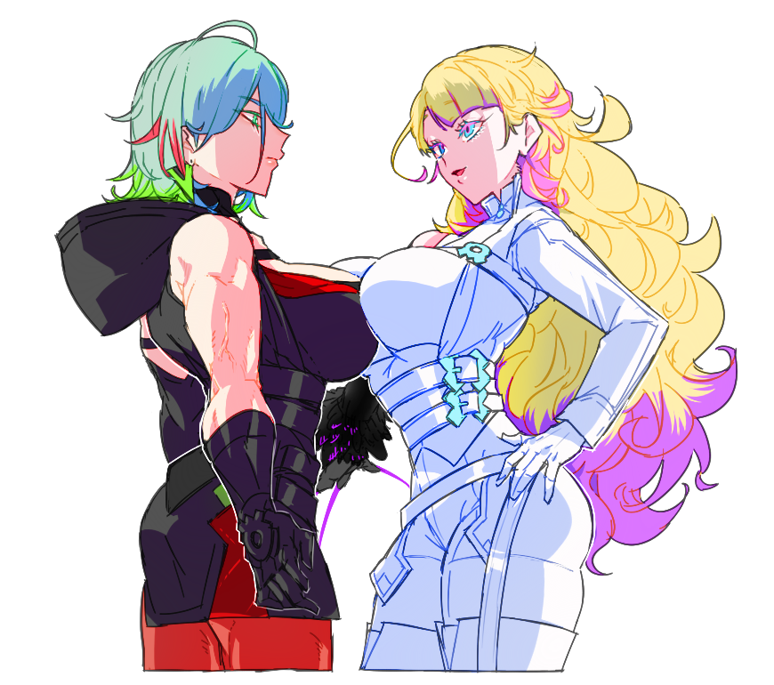 2girls, ahoge, alternate_costume, black_hood, blonde_hair, blue_eyes, bodysuit, breast_press, breasts, cowboy_shot, diabellstar_the_black_witch, diabellze_the_original_sinkeeper, duel_monster, earrings, gloves, green_eyes, green_hair, hand_on_own_hip, jewelry, large_breasts, multicolored_hair, multiple_girls, muscular, muscular_female, pantyhose, purple_hair, red_hair, red_pantyhose, seisei_neko, simple_background, streaked_hair, symmetrical_docking, triangle_earrings, veins, white_background, white_bodysuit, white_gloves, yu-gi-oh!