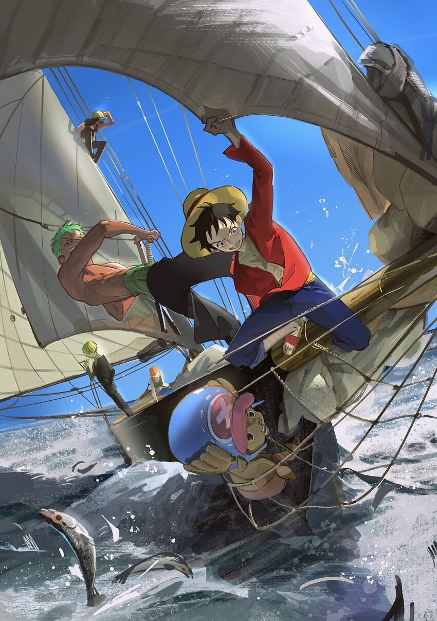 1girl, 4boys, afro, black_eyes, black_hair, blue_pants, boat, cigarette