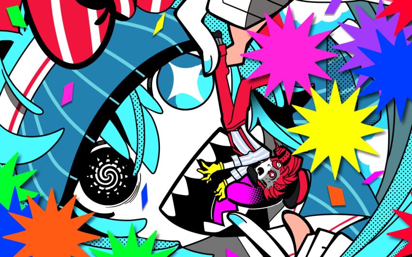 2girls, aqua_hair, aqua_nails, black_eyes, blue_eyes, colored_skin, drill_hair, gloves