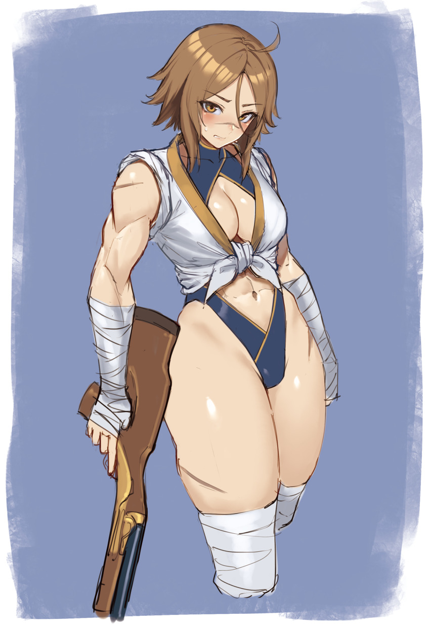 1girl, abs, ahoge, bandages, bare_shoulders, blush, breasts, brown_eyes