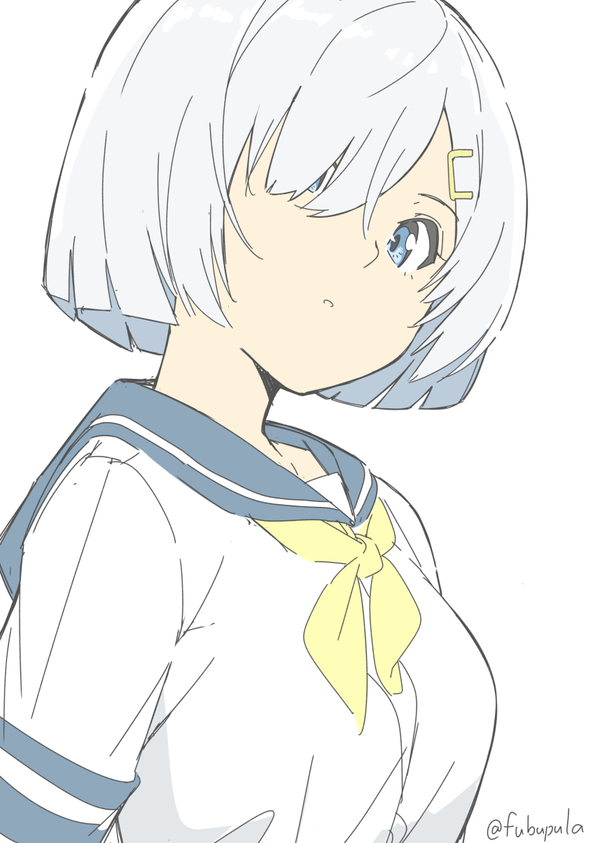 1girl, absurdres, blue_eyes, blue_sailor_collar, fubupula, grey_hair, hair_ornament, hair_over_one_eye