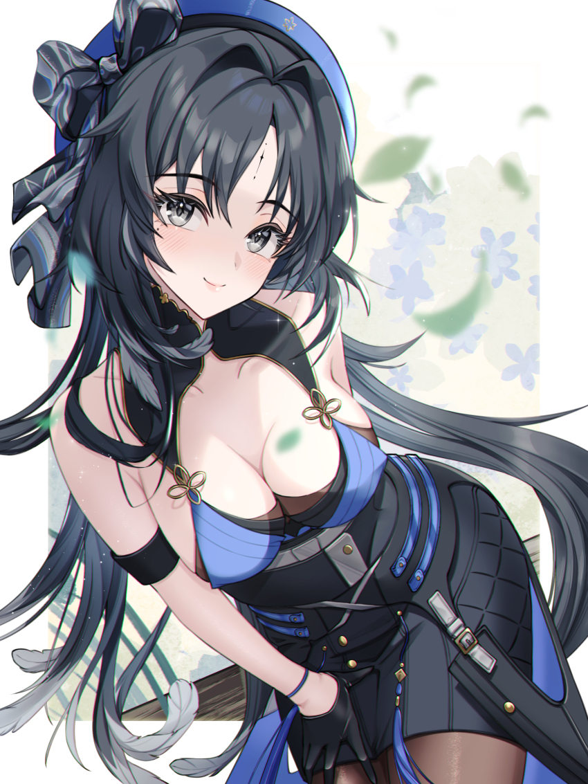 1girl, absurdres, arm_strap, bare_shoulders, black_gloves, black_hair, blue_hat, bow