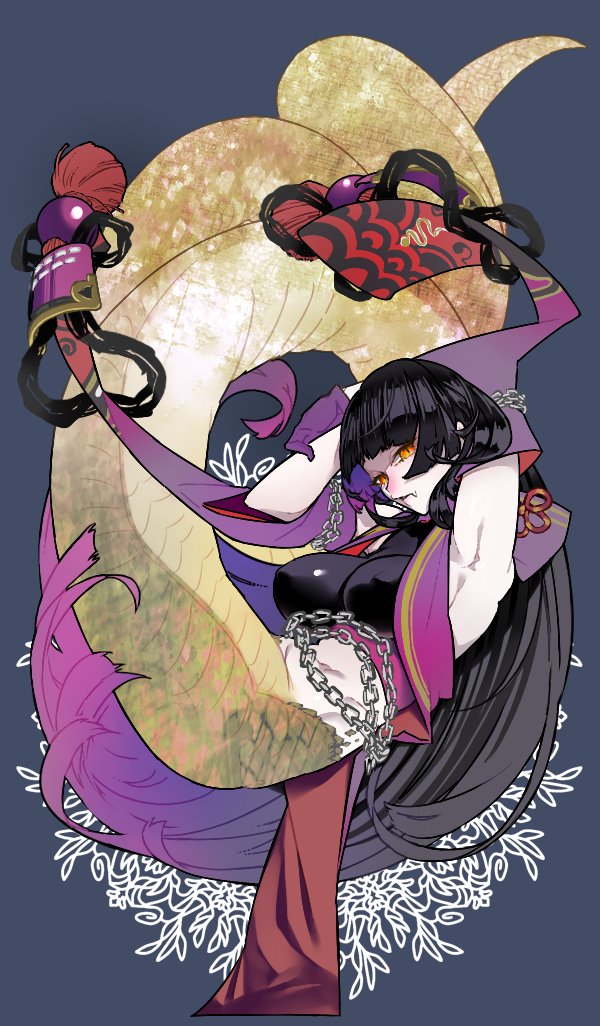 1girl, adapted_costume, armpits, black_hair, chain, covered_erect_nipples, duel_monster, fang