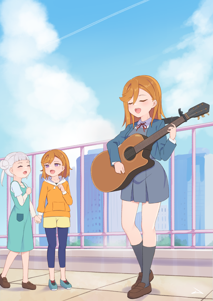 2girls, acoustic_guitar, aged_down, akisaka_akira, arashi_chisato, artistic_error, bad_anatomy, bad_hands, black_socks, blue_jacket, blue_pants, brown_footwear, capo_(guitar), character_age, closed_eyes, collarbone, commentary_request, double_bun, dress, green_dress, green_footwear, grey_dress, guitar, hair_between_eyes, hair_bun, holding, holding_hands, holding_plectrum, hood, hoodie, instrument, jacket, kneehighs, loafers, long_sleeves, love_live!, love_live!_superstar!!, medium_hair, multiple_girls, multiple_views, music, open_clothes, open_jacket, open_mouth, orange_hair, orange_hoodie, outdoors, pants, playing_instrument, plectrum, purple_eyes, railing, school_uniform, shibuya_kanon, shoes, short_sleeves, shorts, socks, standing, white_hair, winter_uniform, yellow_shorts, yuigaoka_school_uniform