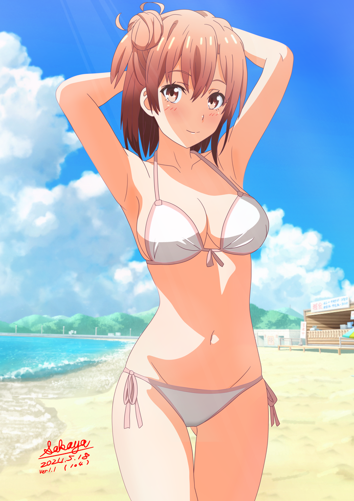 1girl, armpits, arms_behind_head, artist_name, beach, bikini, blue_sky, breasts