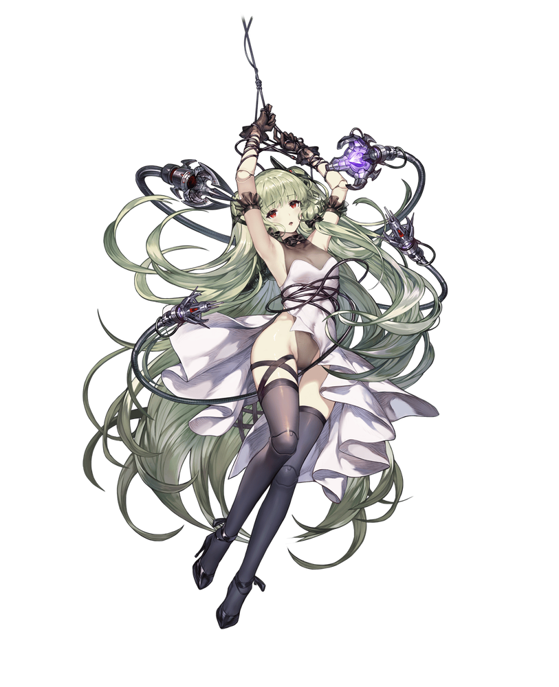 1girl, android, armband, armpits, arms_up, artist_request, black_armband, black_bow, black_bowtie, black_choker, black_footwear, black_gloves, black_thighhighs, bound, bound_arms, bow, bowtie, breasts, brown_dust_(series), brown_dust_2, choker, covered_navel, doll_joints, dress, eyebrows_hidden_by_hair, frilled_armband, frills, full_body, gloves, green_hair, grey_leotard, groin, high_heels, highleg, highleg_leotard, joints, lecliss_(android_queen)_(brown_dust), lecliss_(brown_dust), leotard, long_hair, looking_at_viewer, mechanical_tentacles, official_art, open_mouth, red_eyes, second-party_source, simple_background, small_breasts, solo, stiletto_heels, thighhighs, very_long_hair, white_dress