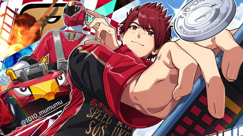 1010_mumumu, 1boy, animate_object, armor, assault_visor, bodysuit, car, character_name