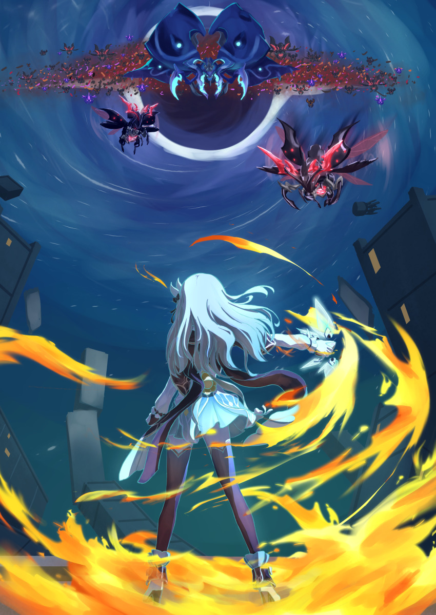 1girl, absurdres, bug, clenched_hand, fire, firefly_(honkai:_star_rail), from_behind, green_skirt, grey_hair, highres, honkai:_star_rail, honkai_(series), insect_wings, long_hair, simon_tearla, skirt, swarm, thighhighs, wings, wormhole