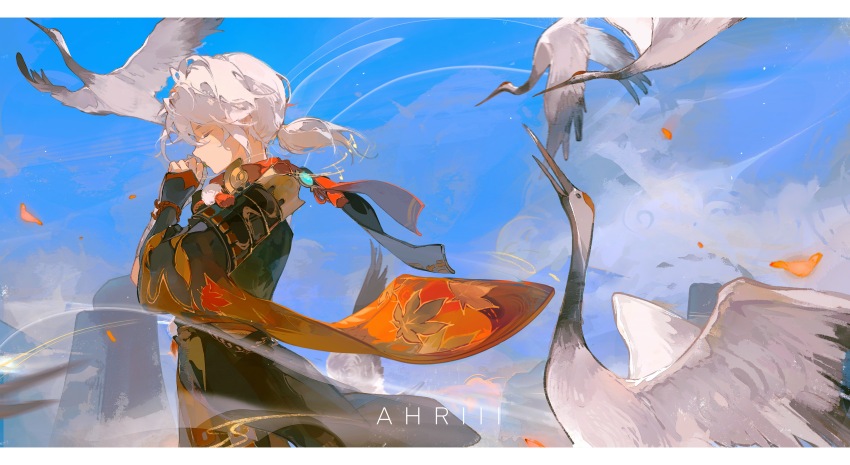 1boy, absurdres, ahriii, antenna_hair, armor, artist_name, asymmetrical_sleeves, bandaged_hand, bandages, bird, black_gloves, black_shorts, blue_sky, closed_eyes, closed_mouth, cloud, commission, crossed_bangs, falling_petals, fingerless_gloves, floating_hair, from_side, genshin_impact, gloves, hair_between_eyes, hakama, hakama_shorts, highres, holding, holding_leaf, instrument, japanese_clothes, kaedehara_kazuha, leaf, leaf_flute, low_ponytail, male_focus, multicolored_hair, music, outdoors, own_hands_together, petals, playing_instrument, pom_pom_(clothes), ponytail, red_scarf, scarf, short_ponytail, shorts, shoulder_armor, sidelocks, single_wide_sleeve, sky, solo, standing, streaked_hair, two-tone_shirt, white_bird, white_hair, wind