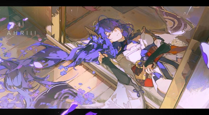 1girl, absurdres, ahriii, artist_name, black_border, border, braid, bridal_gauntlets, fingernails, flower, footprints, from_above, genshin_impact, hair_between_eyes, hair_ornament, highres, indoors, japanese_clothes, kimono, long_braid, long_hair, lying, nail_polish, obiage, obijime, on_back, out_of_frame, parted_lips, petals, purple_flower, purple_hair, purple_kimono, purple_nails, raiden_shogun, shouji, sleeping, sliding_doors, solo, solo_focus, very_long_hair, wooden_floor, yae_miko, yae_miko_(fox)