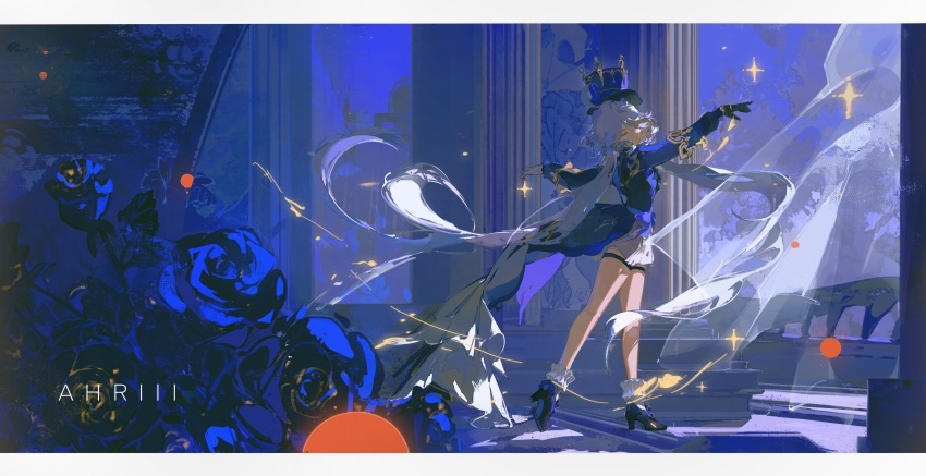 1girl, absurdres, ahriii, asymmetrical_gloves, black_footwear, black_gloves, blue_flower, blue_hair