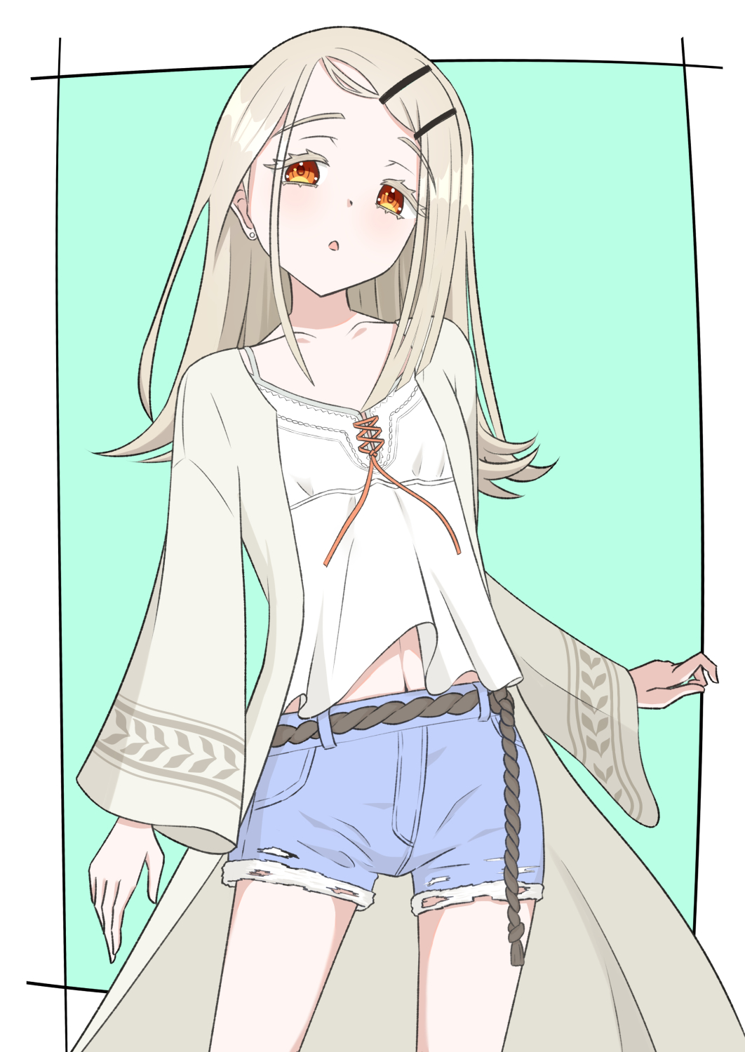 1girl, blush, camisole, choda, denim, denim_shorts, earrings, gakuen_idolmaster