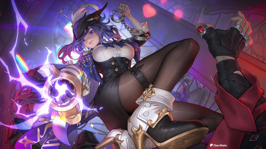 1boy, 1girl, ascot, bandaged_arm, bandages, black_corset, boots, breasts