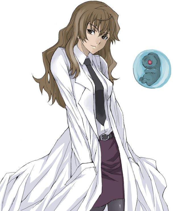 1girl, 1other, aim_burst, bad_id, bad_pixiv_id, belt, brown_eyes, brown_hair, colored_sclera, female_focus, fetus, hand_in_pocket, kiyama_harumi, lab_coat, long_hair, monster, necktie, pantyhose, pencil_skirt, red_sclera, science_fiction, shiwasu, simple_background, skirt, solo, toaru_kagaku_no_railgun, toaru_majutsu_no_index