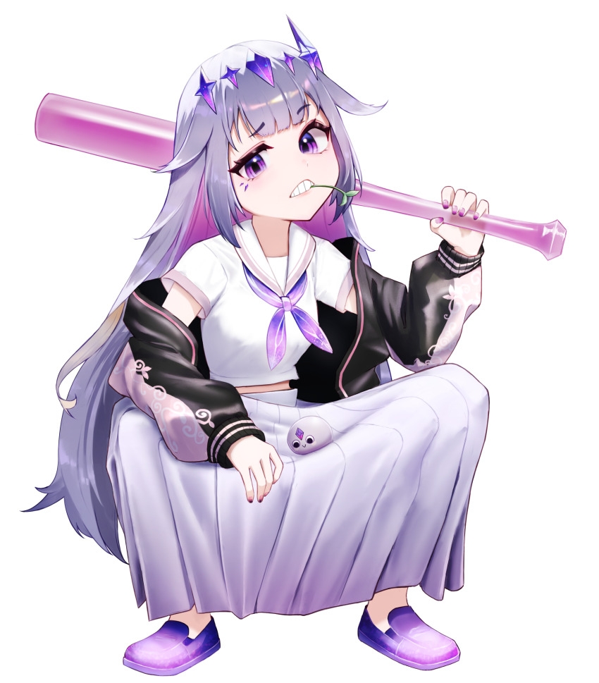 1girl, baseball_bat, black_jacket, delinquent, grey_hair, highres, holding, holding_baseball_bat