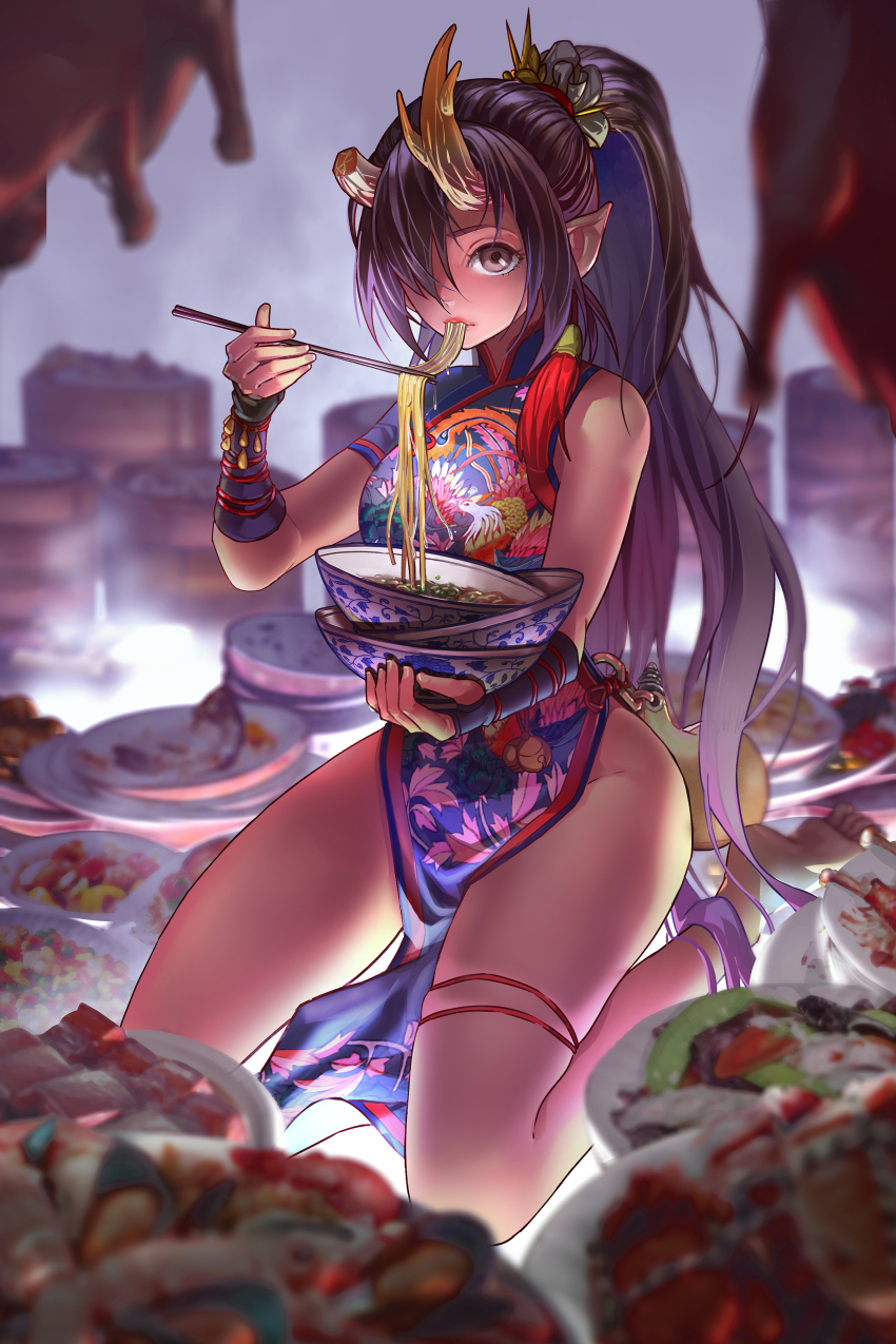 1girl, absurdres, asymmetrical_horns, barefoot, bell, black_gloves, blurry, blurry_background