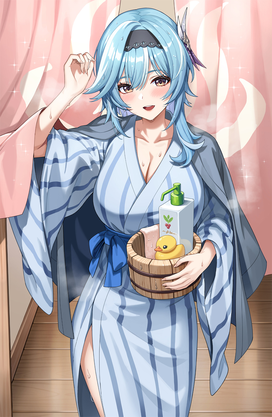 1girl, alternate_costume, basket, bath_yukata, black_hairband, blue_hair, blush, breasts