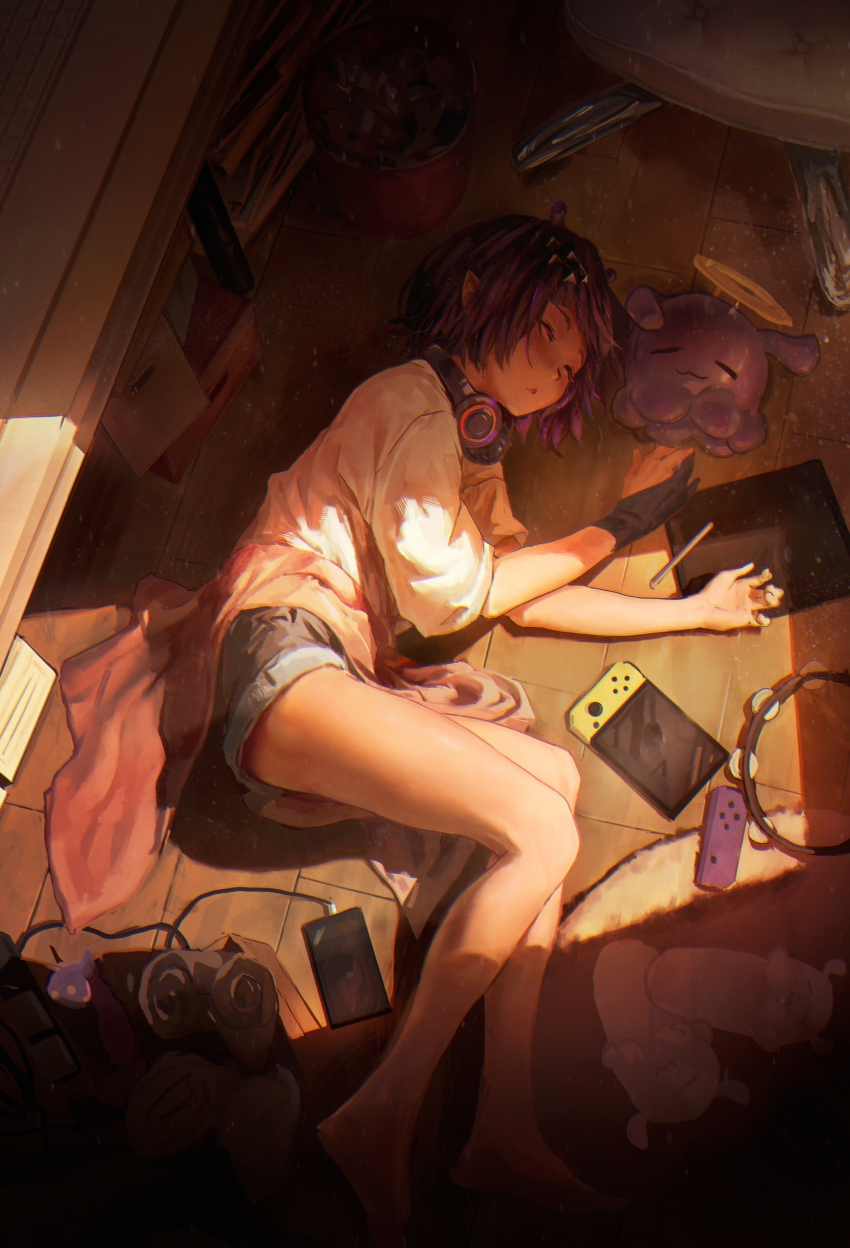 1girl, absurdres, black_gloves, blanket, blue_shorts, cellphone, chair, closed_eyes