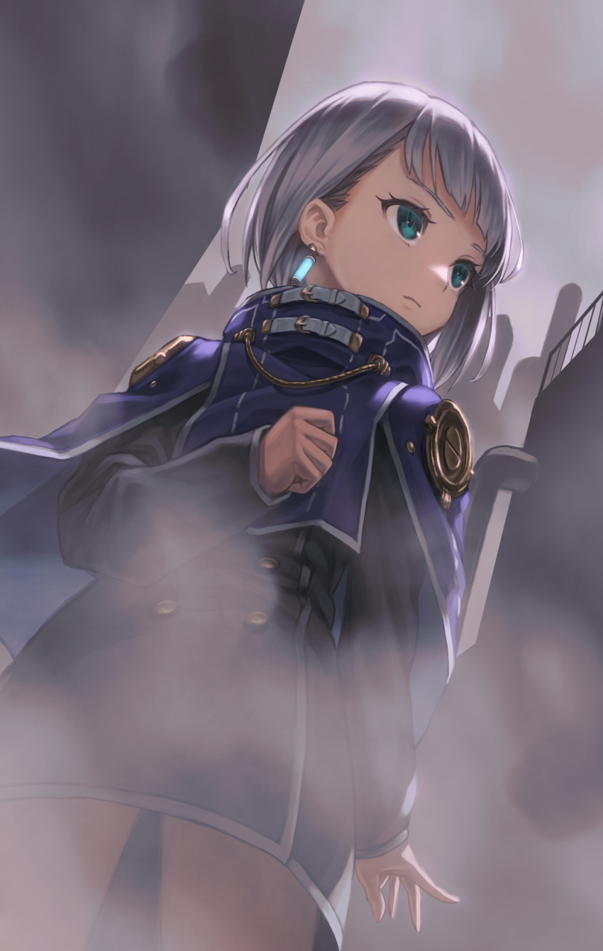 1girl, black_coat, blue_capelet, capelet, coat, commentary_request, cowboy_shot, earrings