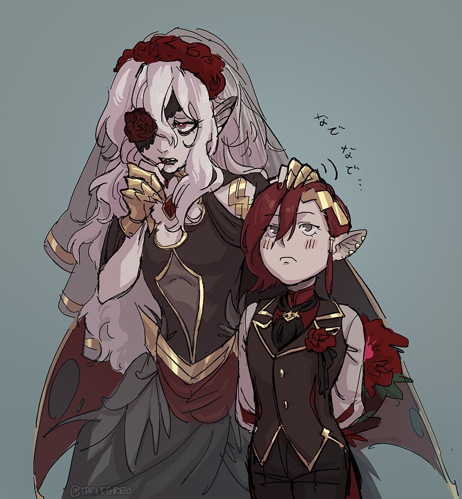 1girl, animal_ears, bat_ears, bat_girl, black_dress, bride, brooch, dress, elm_(fire_emblem), embla_(closed-off_bride)_(fire_emblem), embla_(fire_emblem), fire_emblem, fire_emblem_heroes, flower, flower_eyepatch, gem, gold_trim, jewelry, nail_polish, nintendo, official_alternate_costume, pale_skin, red_flower, red_gem, red_nails, red_rose, rose, tacitgrey, wedding_dress