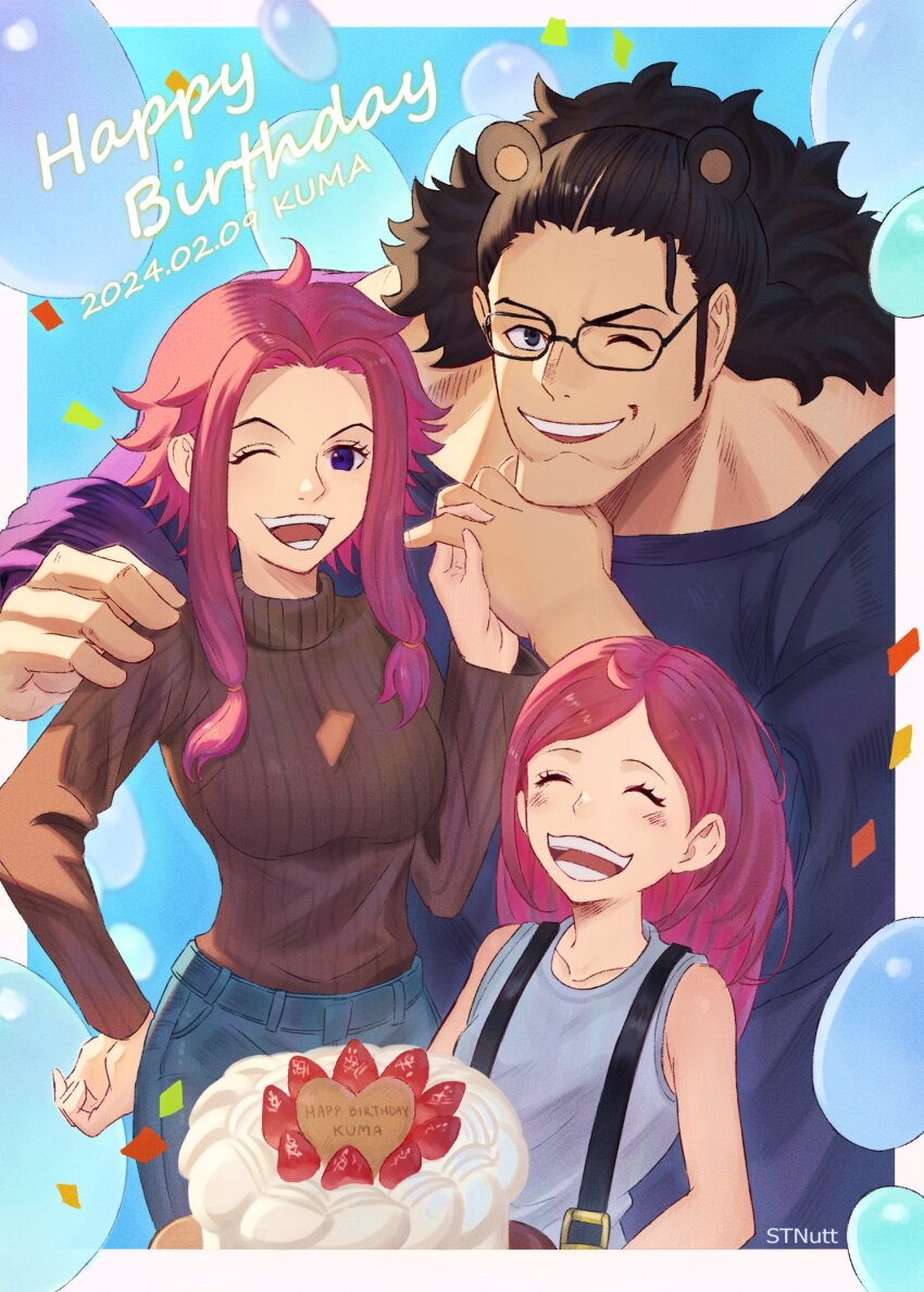 1boy, 2024, 2girls, age_difference, animal_ears, artist_name, bartholomew_kuma, bear_ears, black_hair, blush, brown_sweater, cake, character_name, confetti, dated, denim, family, food, fruit, ginny_(one_piece), glasses, hand_on_own_hip, happy, happy_birthday, highres, holding, holding_hands, holding_plate, jeans, jewelry_bonney, looking_at_viewer, multiple_girls, one_eye_closed, one_piece, pants, pink_hair, plate, sideburns, sidelocks, smile, stnutt, strawberry, strawberry_shortcake, suspenders, sweater, sweater_tucked_in, vertical-striped_sweater
