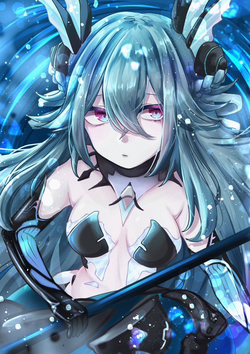 1girl, adhesive_bra, aqua_hair, black_bra, blue_eyes, bra, braid, breasts
