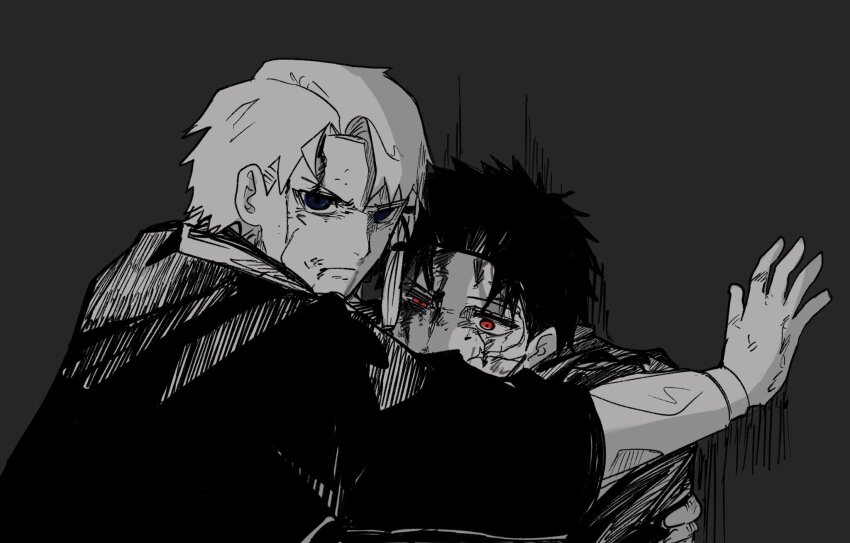 2boys, black_hair, blood, blood_on_face, braid, bruise, closed_mouth, grey_background
