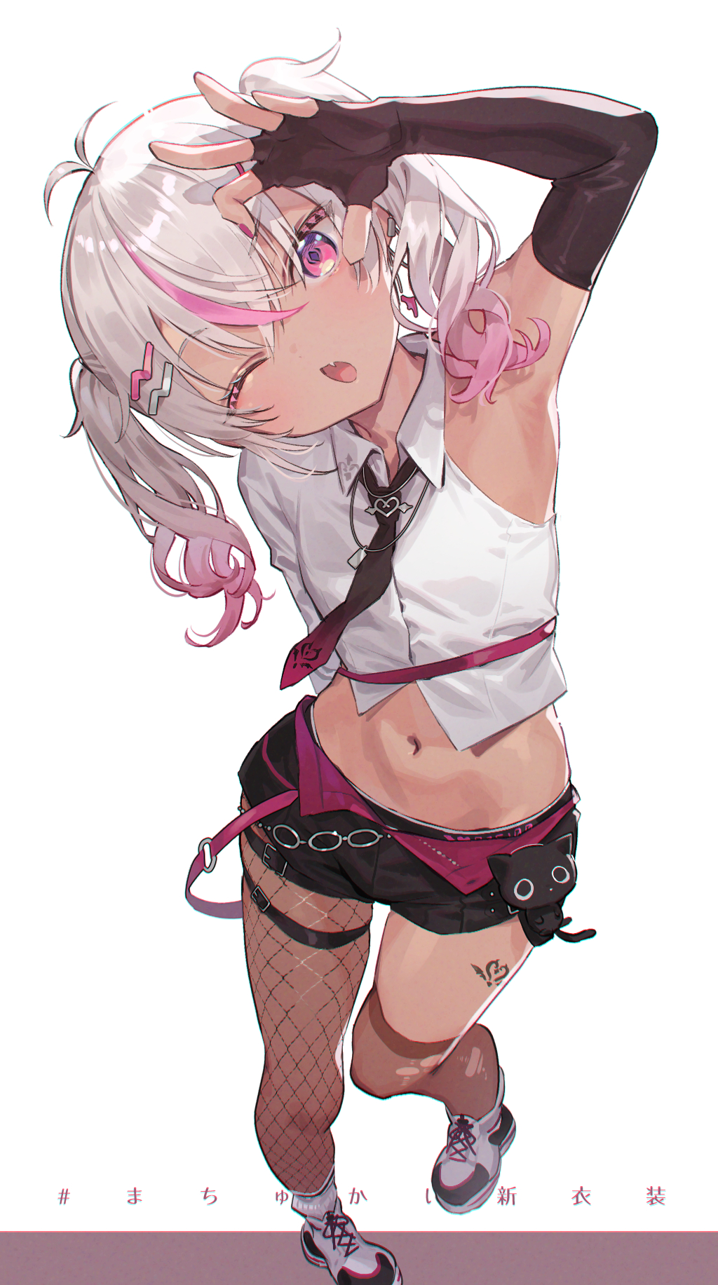 1girl, antenna_hair, arm_up, armpits, asymmetrical_legwear, blush, crop_top, dark-skinned_female, dark_skin, elbow_gloves, fingerless_gloves, fishnet_pantyhose, fishnets, flat_chest, gloves, grey_hair, highres, jewelry, looking_at_viewer, matsukai_mao, matsukai_mao_(4th_costume), medium_hair, mismatched_legwear, multicolored_hair, natsuhiko, navel, necklace, necktie, nijisanji, one_eye_closed, open_mouth, pantyhose, pink_eyes, pink_hair, shoes, short_shorts, shorts, single_bare_shoulder, single_leg_pantyhose, skindentation, sneakers, solo, thigh_strap, twintails, two-tone_hair, virtual_youtuber