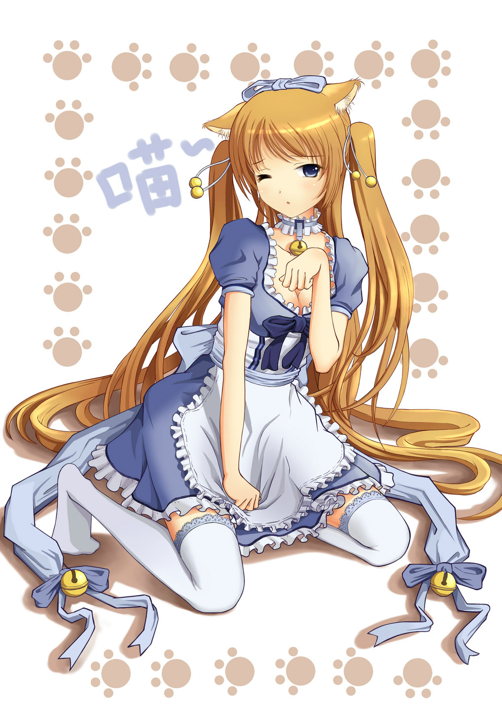 1girl, animal_ears, bad_id, bad_pixiv_id, bell, blue_eyes, breasts, brown_hair