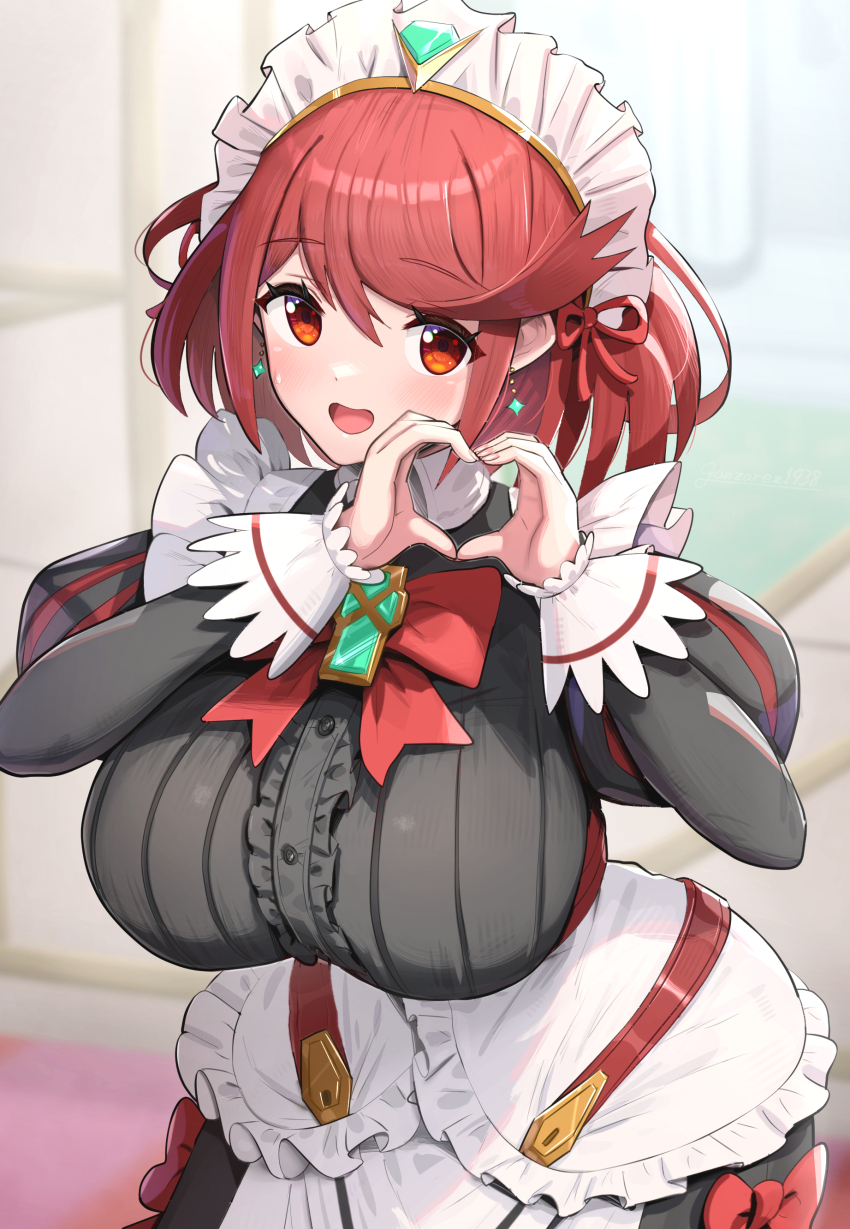 absurdres, apron, black_dress, blush, bow, bowtie, breasts, cosplay, cowboy_shot, dress, earrings, floating_earrings, frills, gonzarez, heart, heart_hands, highres, huge_breasts, jewelry, juliet_sleeves, long_sleeves, looking_at_viewer, maid, maid_headdress, open_mouth, poppi_(xenoblade), poppi_qt_(xenoblade), poppi_qt_(xenoblade)_(cosplay), puffy_sleeves, pyra_(xenoblade), red_bow, red_bowtie, red_eyes, red_hair, short_hair, solo, swept_bangs, tiara, white_apron, xenoblade_chronicles_(series), xenoblade_chronicles_2