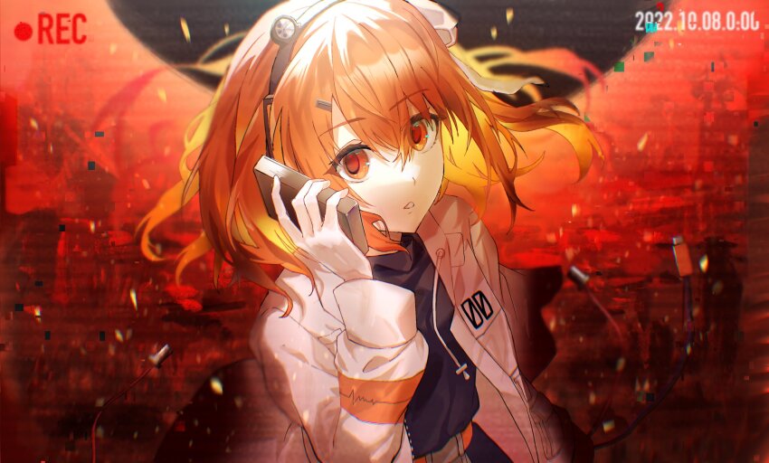 1girl, a.i._voice, adachi_rei, black_shirt, cable, drawstring, hair_between_eyes, hand_up, headlamp, highres, holding, jacket, looking_at_viewer, medium_hair, netsu_ijou_(utau), open_clothes, open_jacket, orange_eyes, orange_hair, parted_lips, recording, red_background, shirt, shirushi_06, solo, timestamp, upper_body, utau, white_jacket