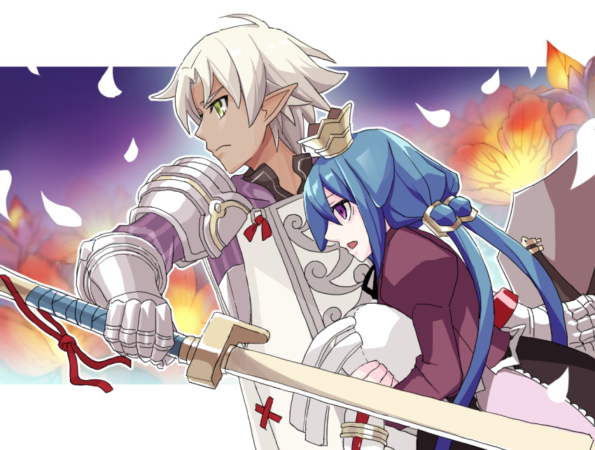 7th_dragon, 7th_dragon_(series), animal_ears, armor, blue_hair, crown, ears_down, floro_(7th_dragon), gauntlets, green_eyes, grion_(7th_dragon), holding, holding_shield, holding_sword, holding_weapon, knight_(7th_dragon), looking_to_the_side, mini_crown, momomeno_(7th_dragon), n-mio, pointy_ears, princess_(7th_dragon), protecting, purple_eyes, shield, stuffed_animal, stuffed_rabbit, stuffed_toy, sword, weapon, white_hair