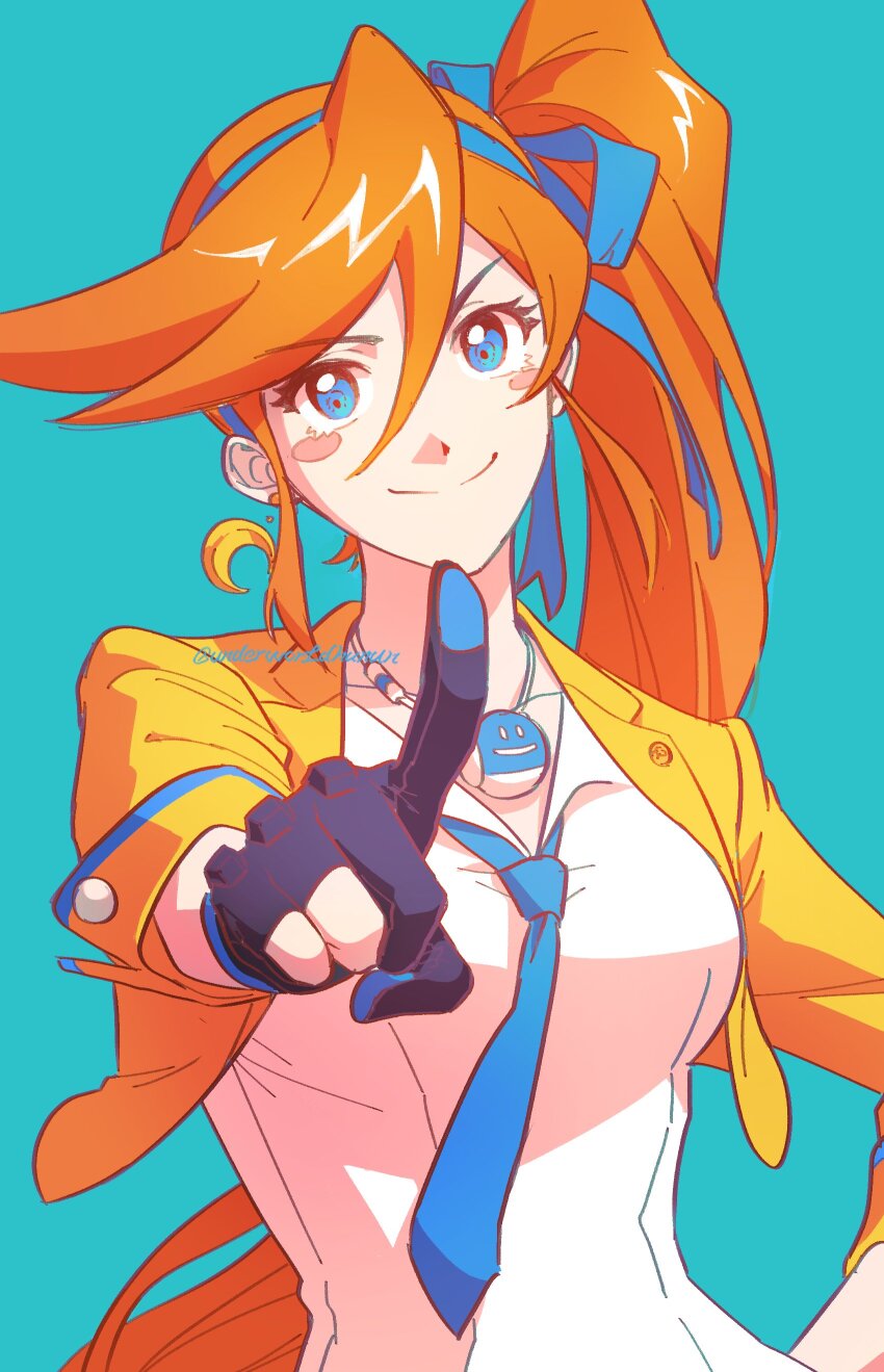 1girl, absurdres, ace_attorney, athena_cykes, black_gloves, blue_background, blue_eyes, blue_necktie, blue_ribbon, blush_stickers, closed_mouth, collared_shirt, crescent, crescent_earrings, cropped_jacket, earrings, gloves, hair_between_eyes, hair_ribbon, hand_on_own_hip, highres, index_finger_raised, jacket, jewelry, long_hair, long_sleeves, looking_at_viewer, necklace, necktie, orange_hair, partially_fingerless_gloves, ribbon, shirt, side_ponytail, single_earring, smile, solo, twitter_username, underwor1dhuman, upper_body, very_long_hair, white_shirt, yellow_jacket