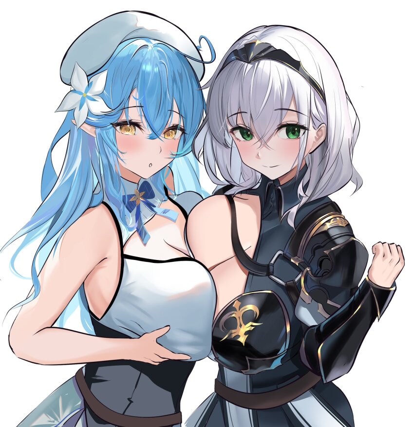 2girls, ahoge, armor, asymmetrical_docking, belt, beret, blue_hair, blush, braid, breast_press, breasts, cleavage, clothing_cutout, colored_tips, flower, gloves, green_eyes, grey_hair, hair_between_eyes, hair_flower, hair_ornament, half_updo, hat, heart, heart_ahoge, highres, hololive, kinkikids753, large_breasts, long_hair, looking_at_viewer, medium_hair, mole, mole_on_breast, multicolored_hair, multiple_girls, pointy_ears, shirogane_noel, shirogane_noel_(1st_costume), short_hair, smile, streaked_hair, virtual_youtuber, wavy_hair, yellow_eyes, yukihana_lamy, yukihana_lamy_(1st_costume)
