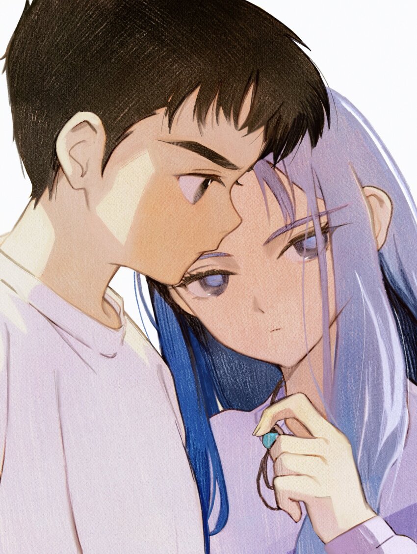 1boy, 1girl, absurdres, black_eyes, black_hair, blue_hair, expressionless, highres