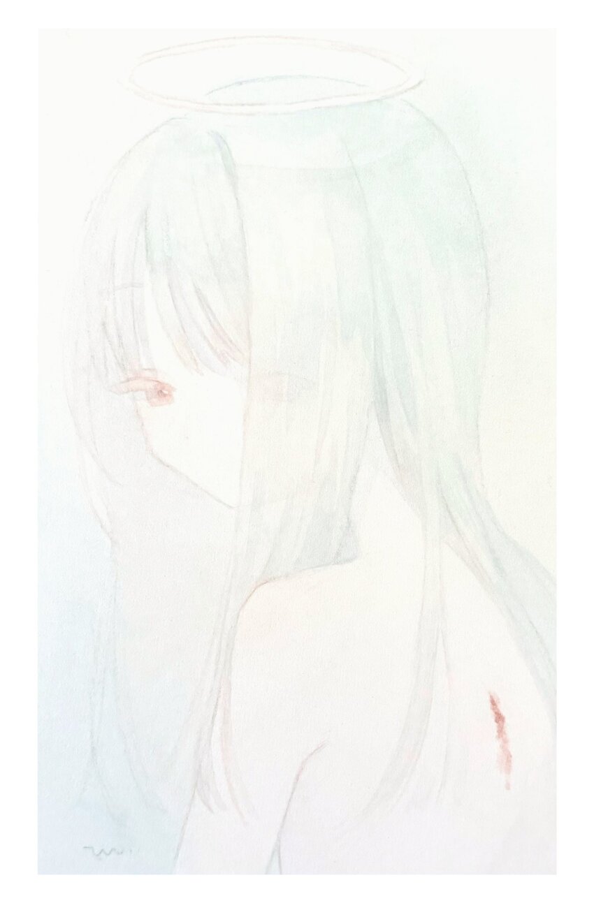 1girl, back, blood, colored_skin, halo, highres, injury, long_hair