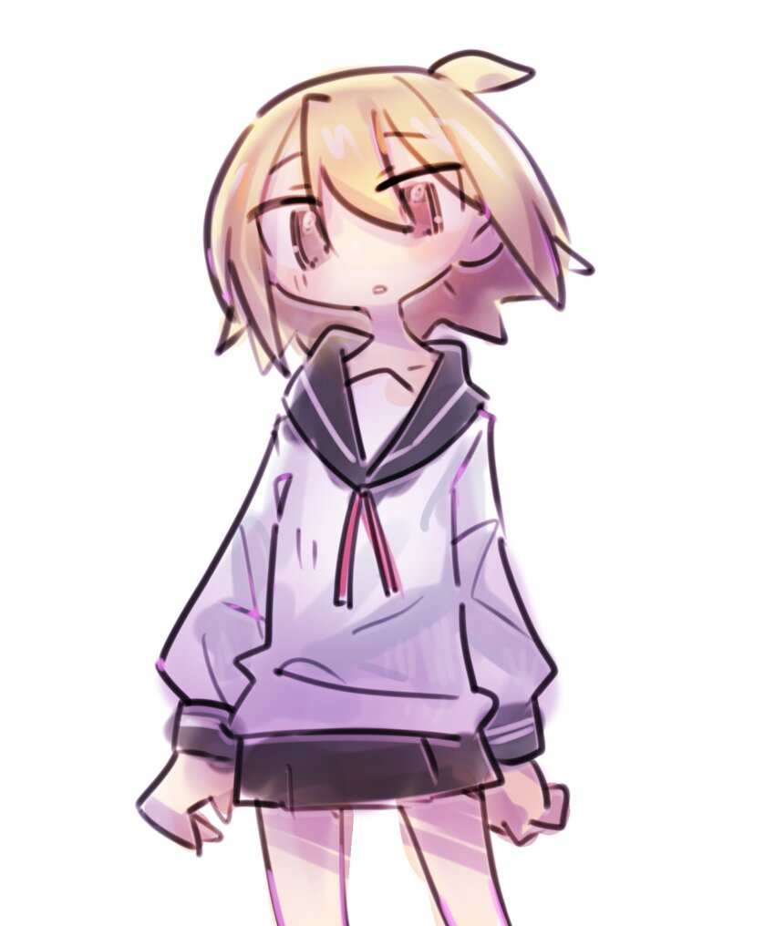 1girl, ahoge, arms_at_sides, black_sailor_collar, black_skirt, blonde_hair, feet_out_of_frame, highres