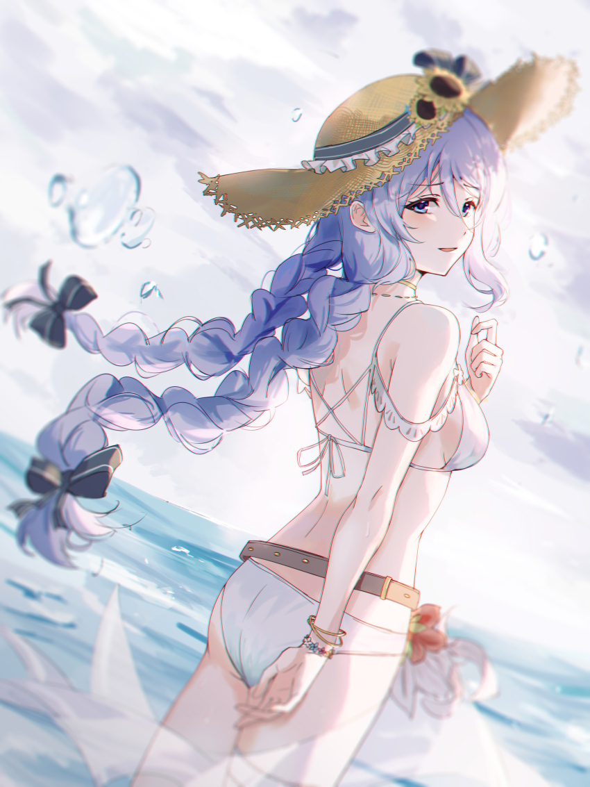 1girl, absurdres, ass, bikini, braid, breasts, flower, flower_trim