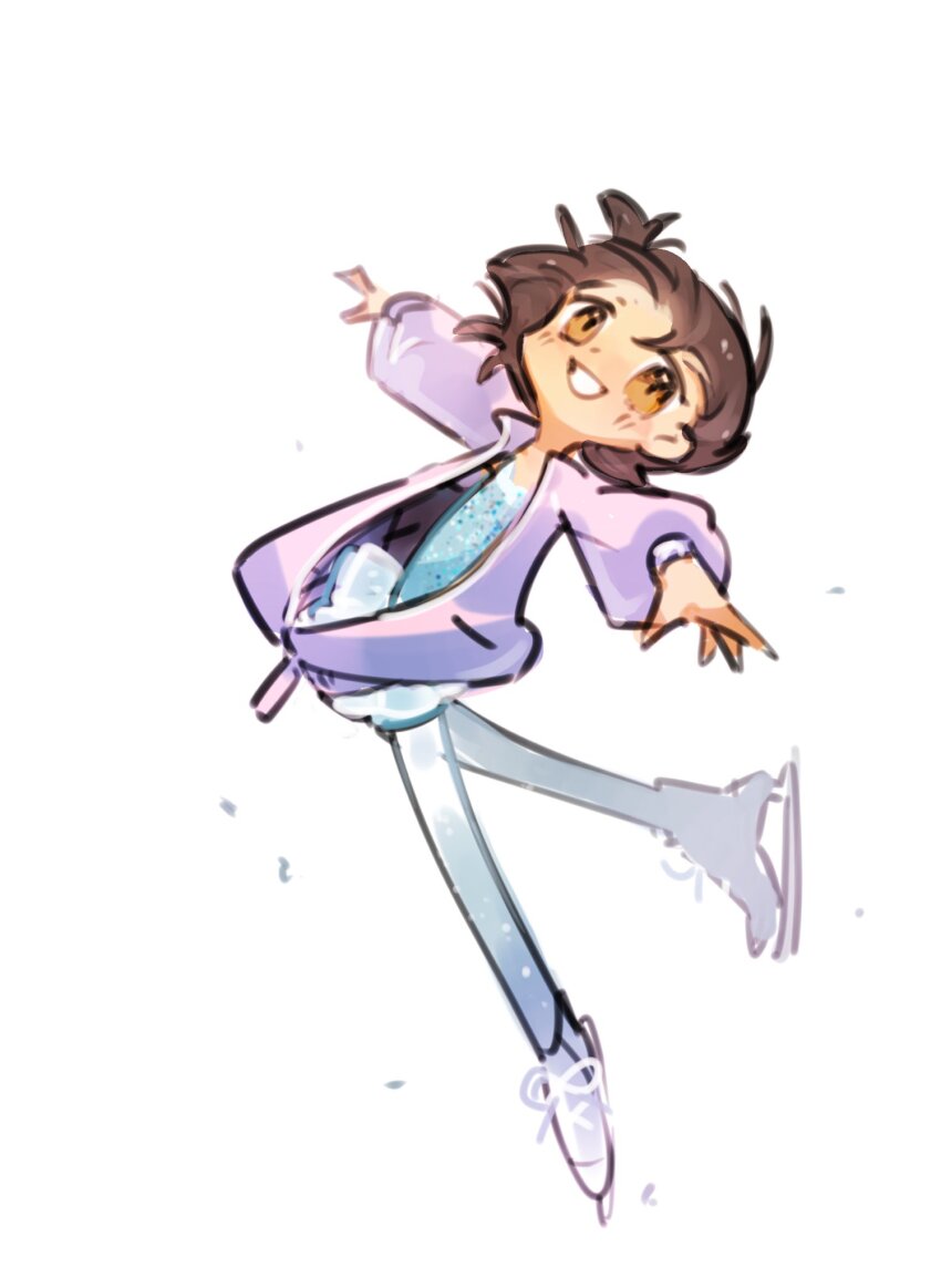 1girl, blue_dress, blue_leggings, blush, brown_eyes, brown_hair, dress, figure_skating, figure_skating_dress, floating_hair, full_body, grin, highres, ice_skates, jacket, jumping, leggings, looking_at_viewer, medalist_(manga), nurui_(3nqyo), one_side_up, open_clothes, open_jacket, outstretched_arms, partially_unzipped, purple_jacket, short_hair, simple_background, skates, smile, solo, spread_arms, white_background, yuitsuka_inori