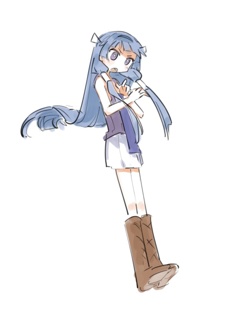 1girl, blue_hair, boots, brown_boots, floating_hair, full_body, hair_over_shoulder, hair_ribbon
