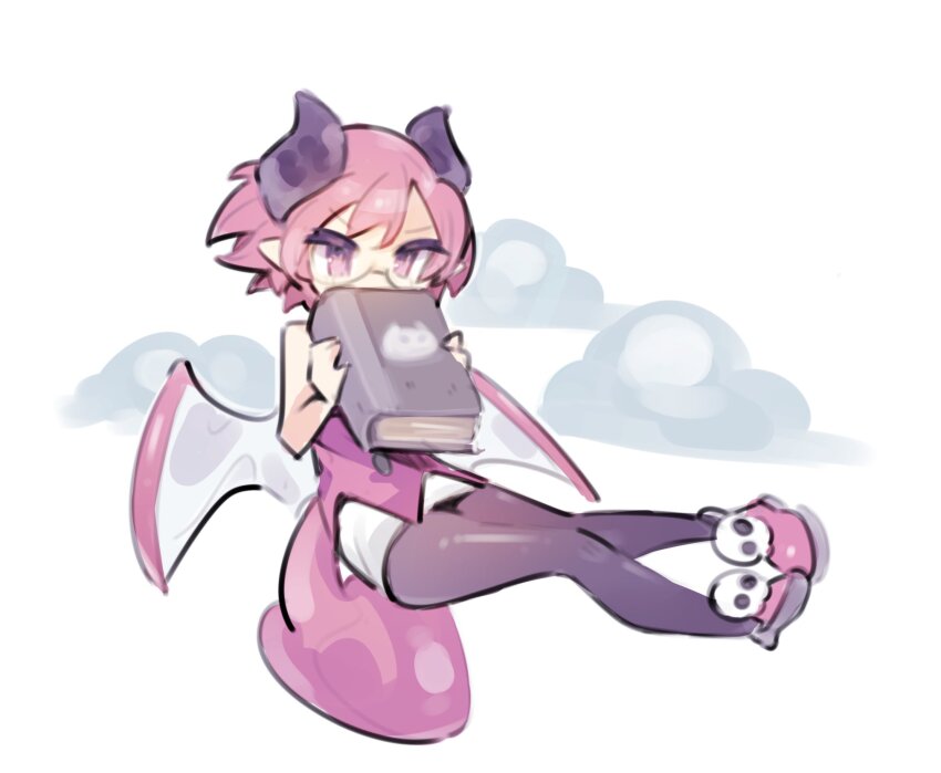 1girl, book, book_to_mouth, cloud, covering_own_mouth, demon_tail, demon_wings, disgaea