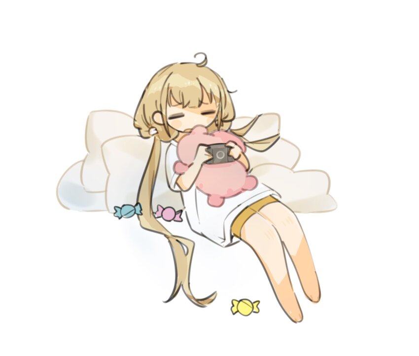 1girl, ahoge, barefoot, blonde_hair, blush, candy, closed_eyes, food