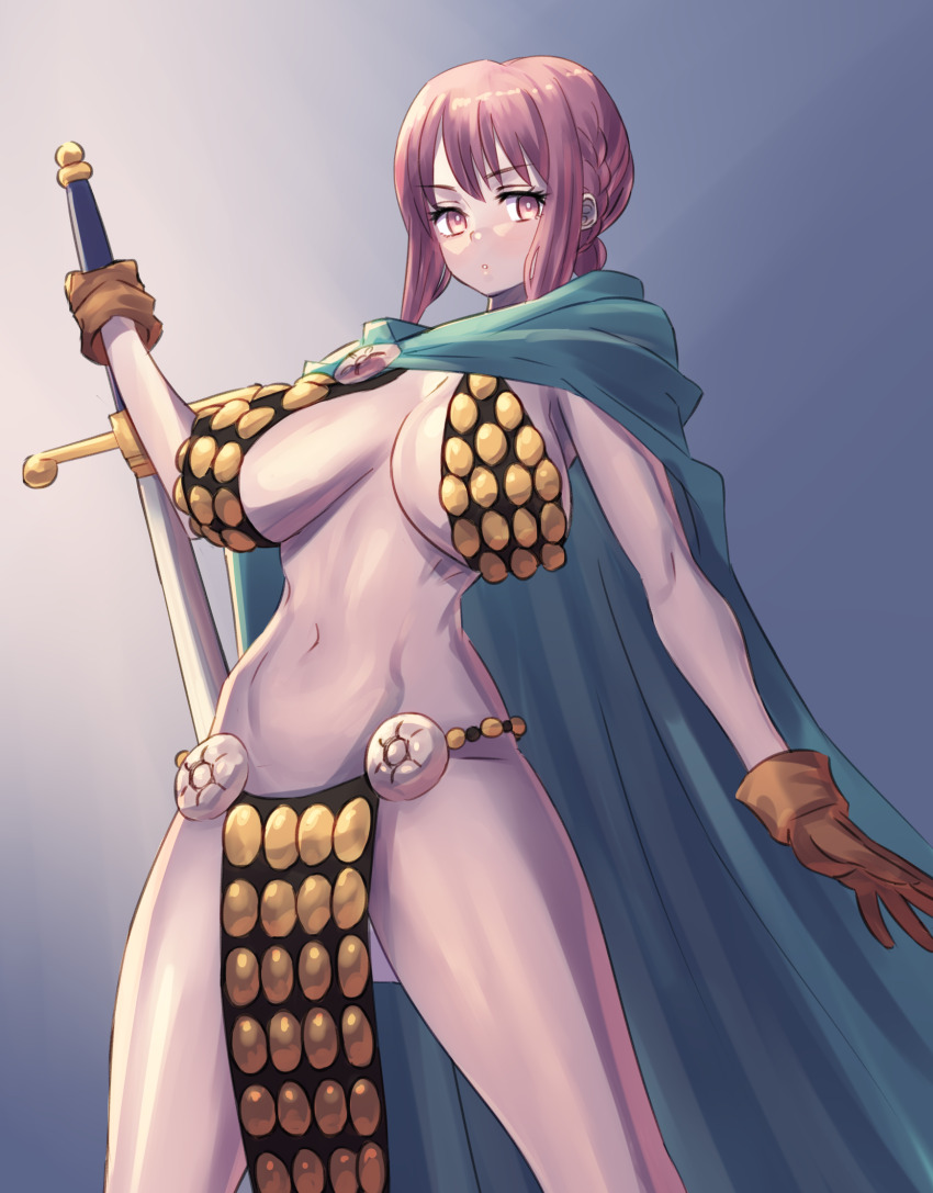 1girl, bare_arms, bare_legs, bare_shoulders, braid, breasts, brown_gloves, cape
